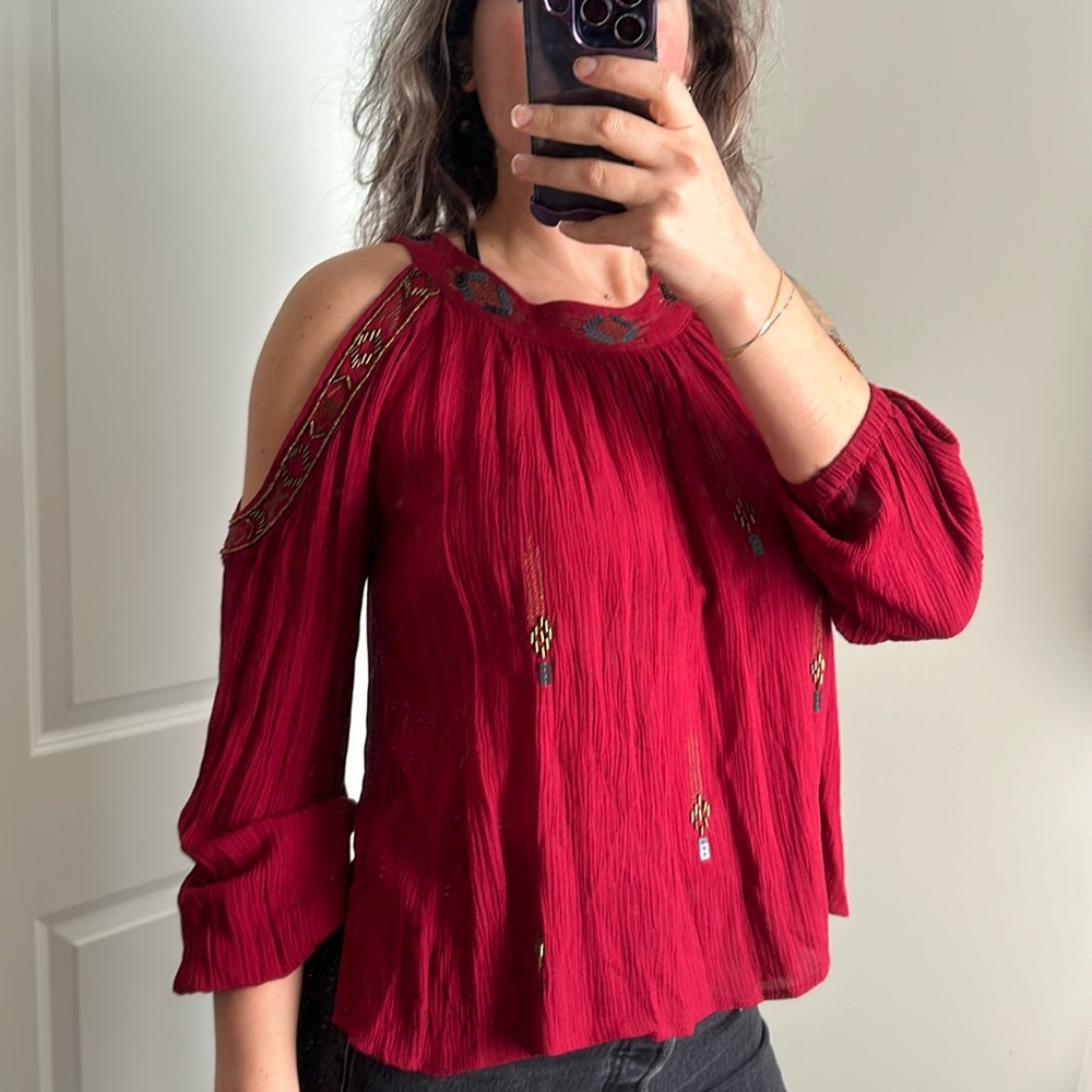 Red Long Sleeveve Embellished Top